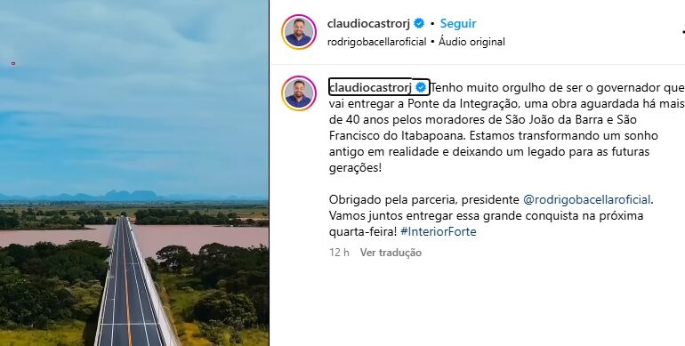 Castro anuncia inauguração da Ponte da Integração para a próxima quarta