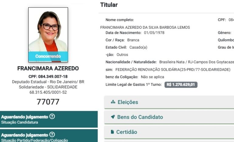Candidatura de Francimara Azeredo à Alerj é registrada na Justiça Eleitoral